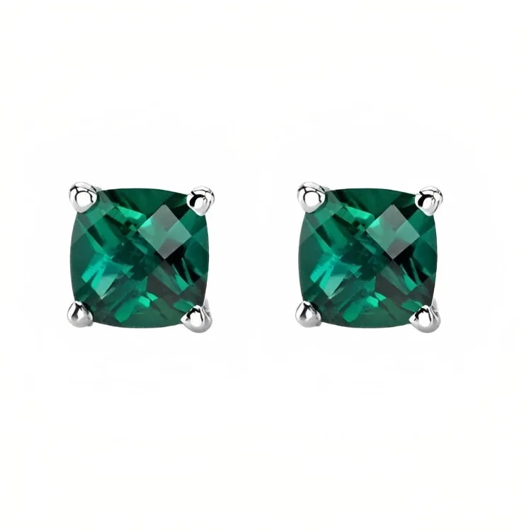 Paris Jewelry 18k White Gold 2 Pair Created Emerald 4mm Round & Princess Cut Stud Earrings Plated