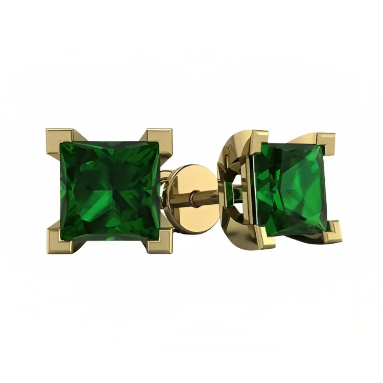 Paris Jewelry 18k Yellow Gold 2 Pair Created Emerald 4mm Round & Princess Cut Stud Earrings Plated