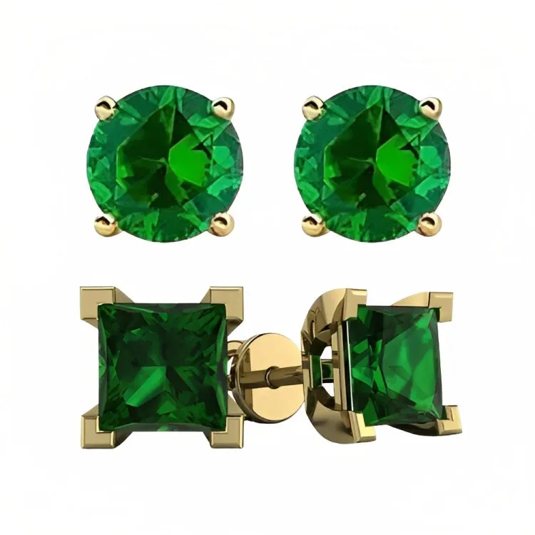 Paris Jewelry 18k Yellow Gold 2 Pair Created Emerald 4mm Round & Princess Cut Stud Earrings Plated