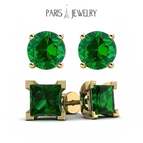 Paris Jewelry 18k Yellow Gold 2 Pair Created Emerald 4mm Round & Princess Cut Stud Earrings Plated