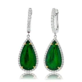 Pear Shaped Dangle Emerald & Diamond Halo Earrings