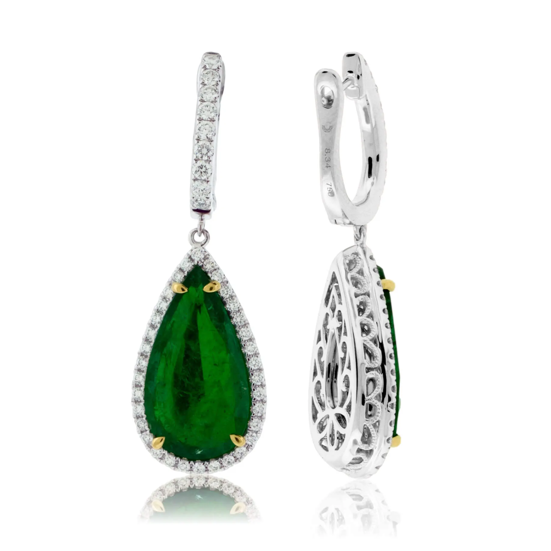 Pear Shaped Dangle Emerald & Diamond Halo Earrings