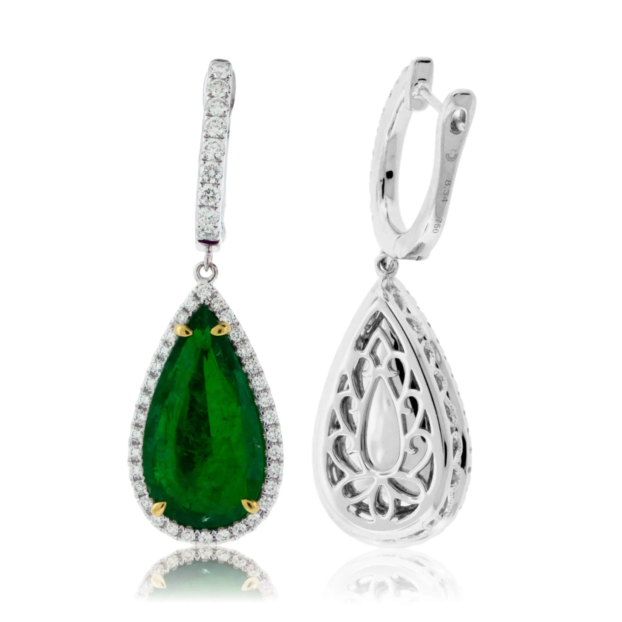 Pear Shaped Dangle Emerald & Diamond Halo Earrings