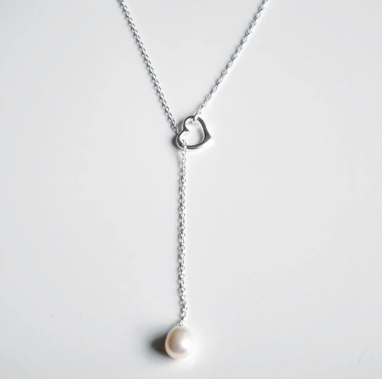 Pearl Lariat Necklace 925 Sterling Silver Heart Drop Necklace