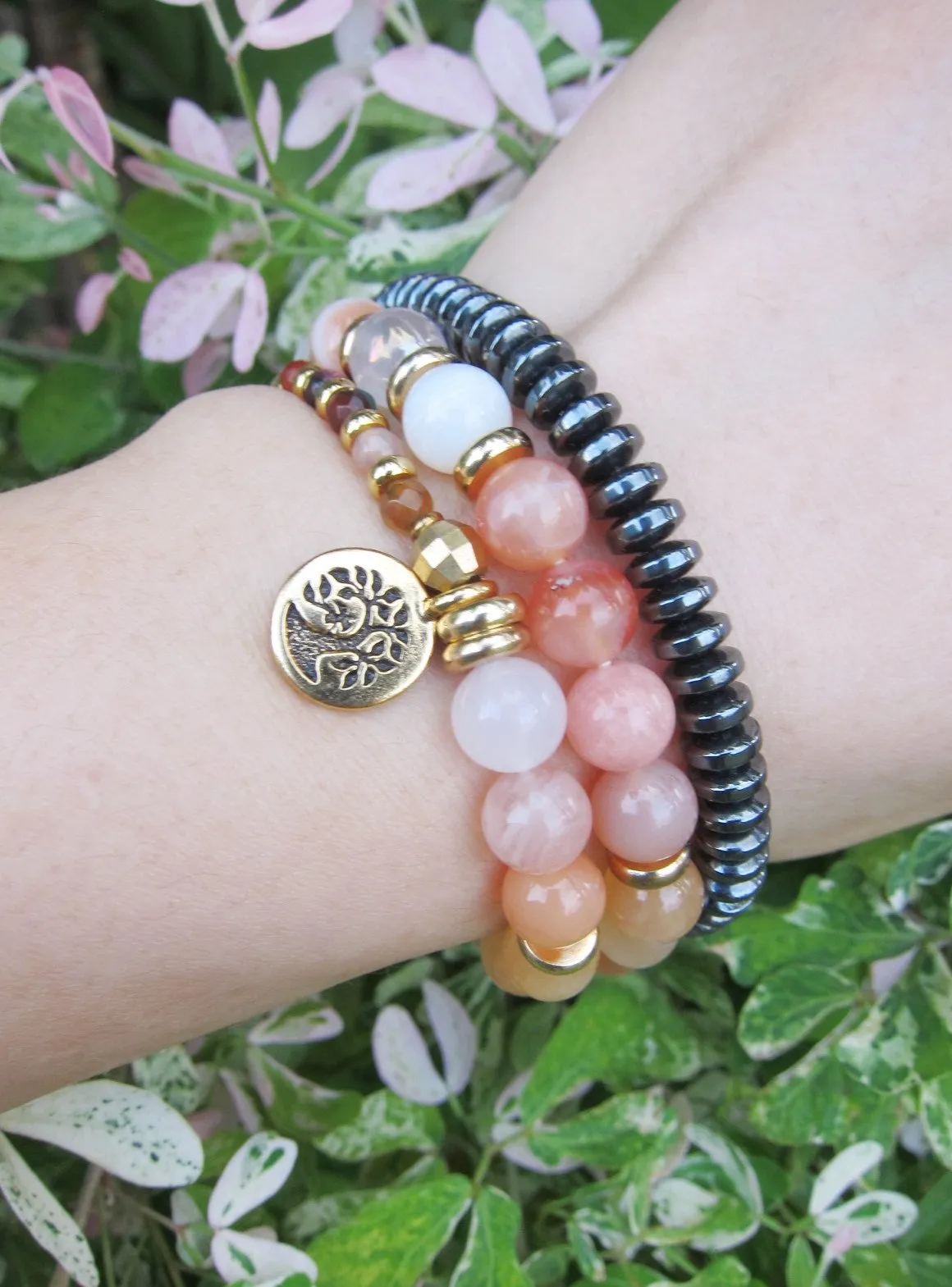 Pink Morganite, Moroccan Agate - Sacral Chakra Mala Bracelet in 27 Beads