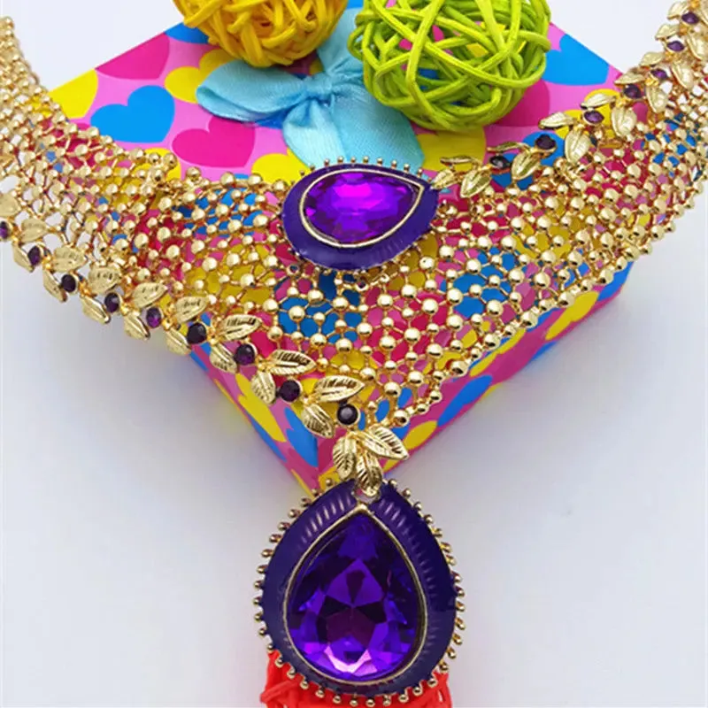 Purple Flower Bold Gold Plated Necklace Bangle Earring Bridal Wedding Party Set