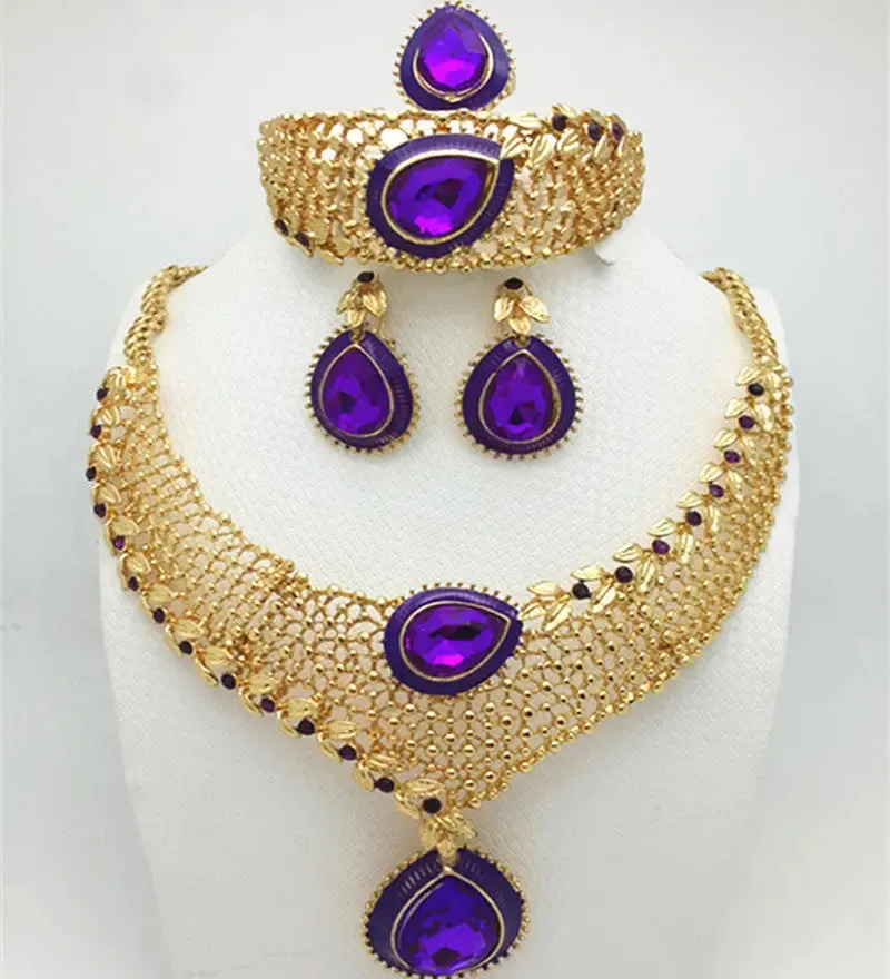 Purple Flower Bold Gold Plated Necklace Bangle Earring Bridal Wedding Party Set