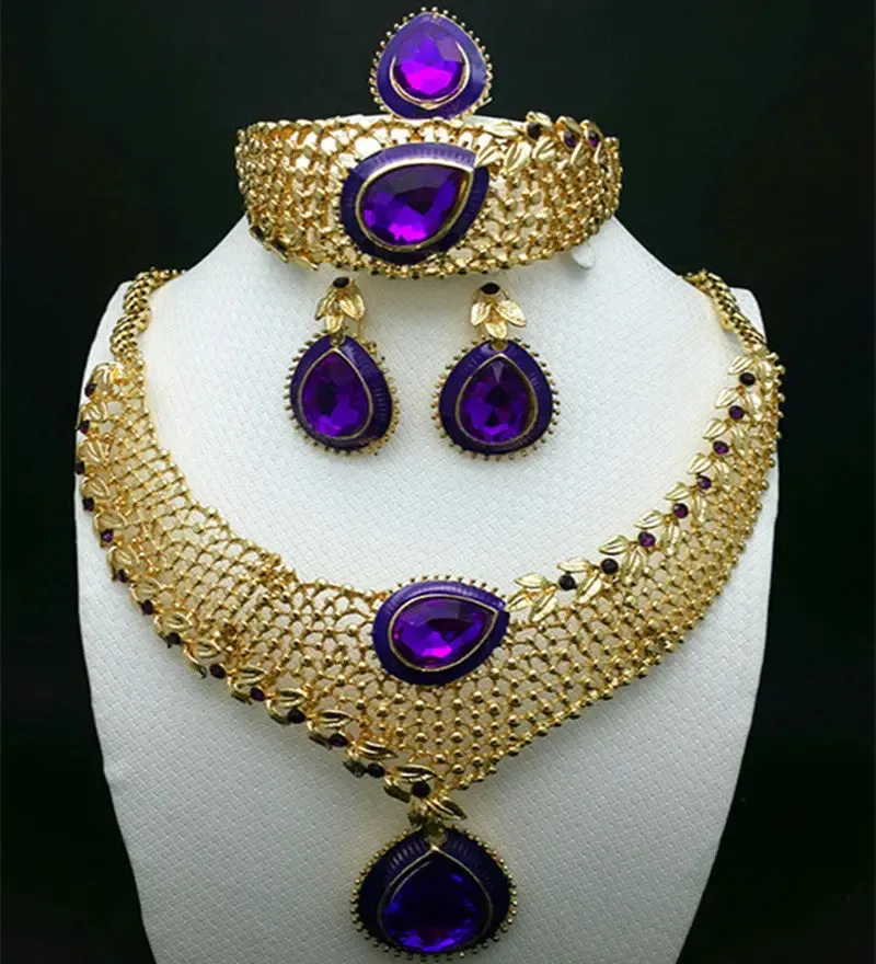 Purple Flower Bold Gold Plated Necklace Bangle Earring Bridal Wedding Party Set