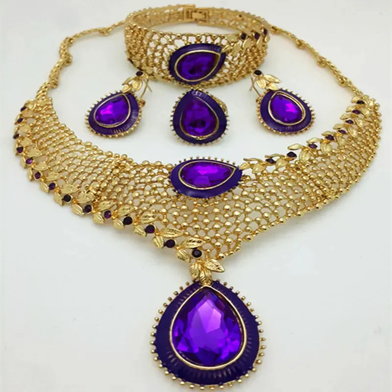 Purple Flower Bold Gold Plated Necklace Bangle Earring Bridal Wedding Party Set