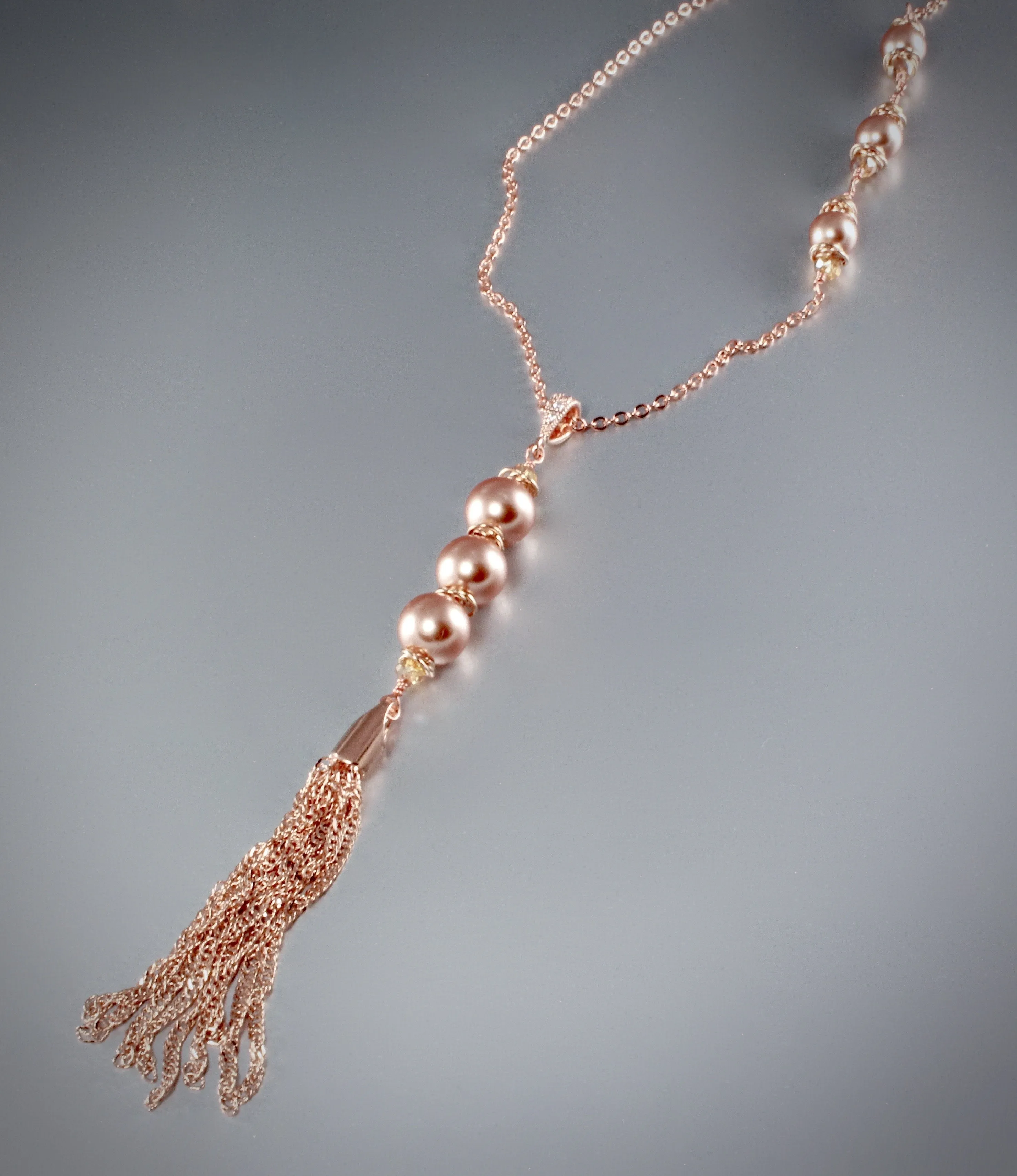 "Camellia" - Swarovski Pearl and Rose Gold Tassel Necklace