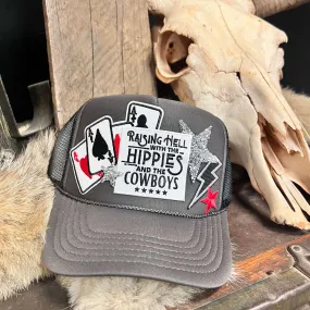 Raising Hell with the Hippies Grey & Black Custom Trucker Hat