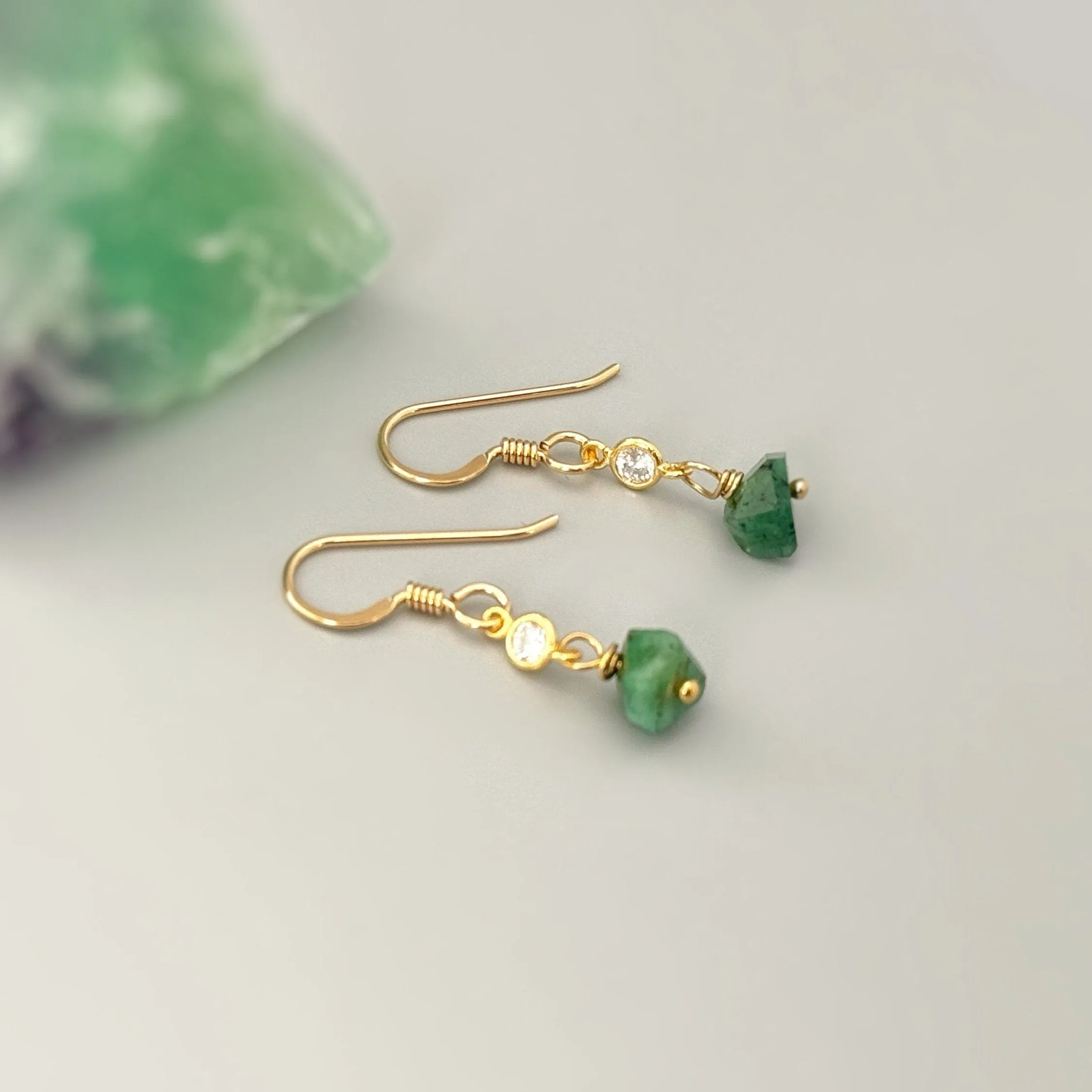 Raw Emerald Earrings Dangle Gold Sterling Silver