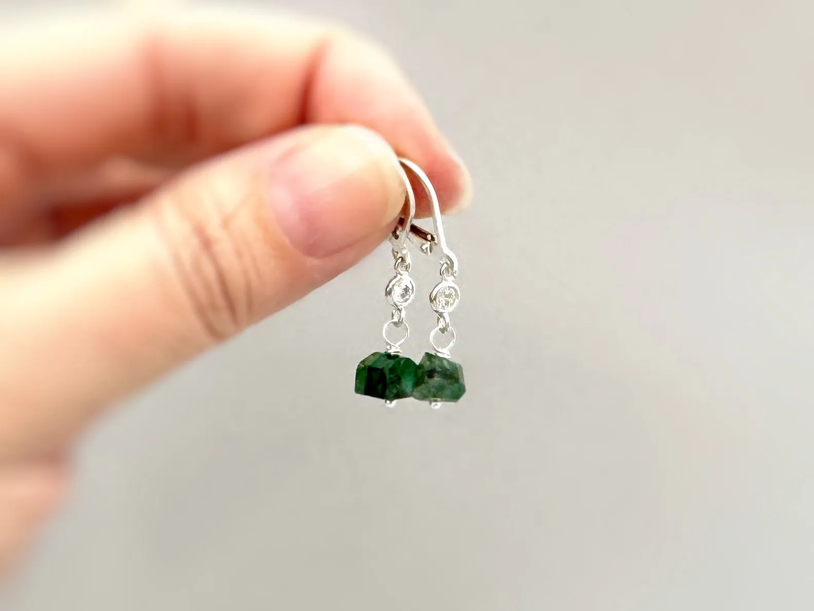 Raw Emerald Earrings Dangle Gold Sterling Silver