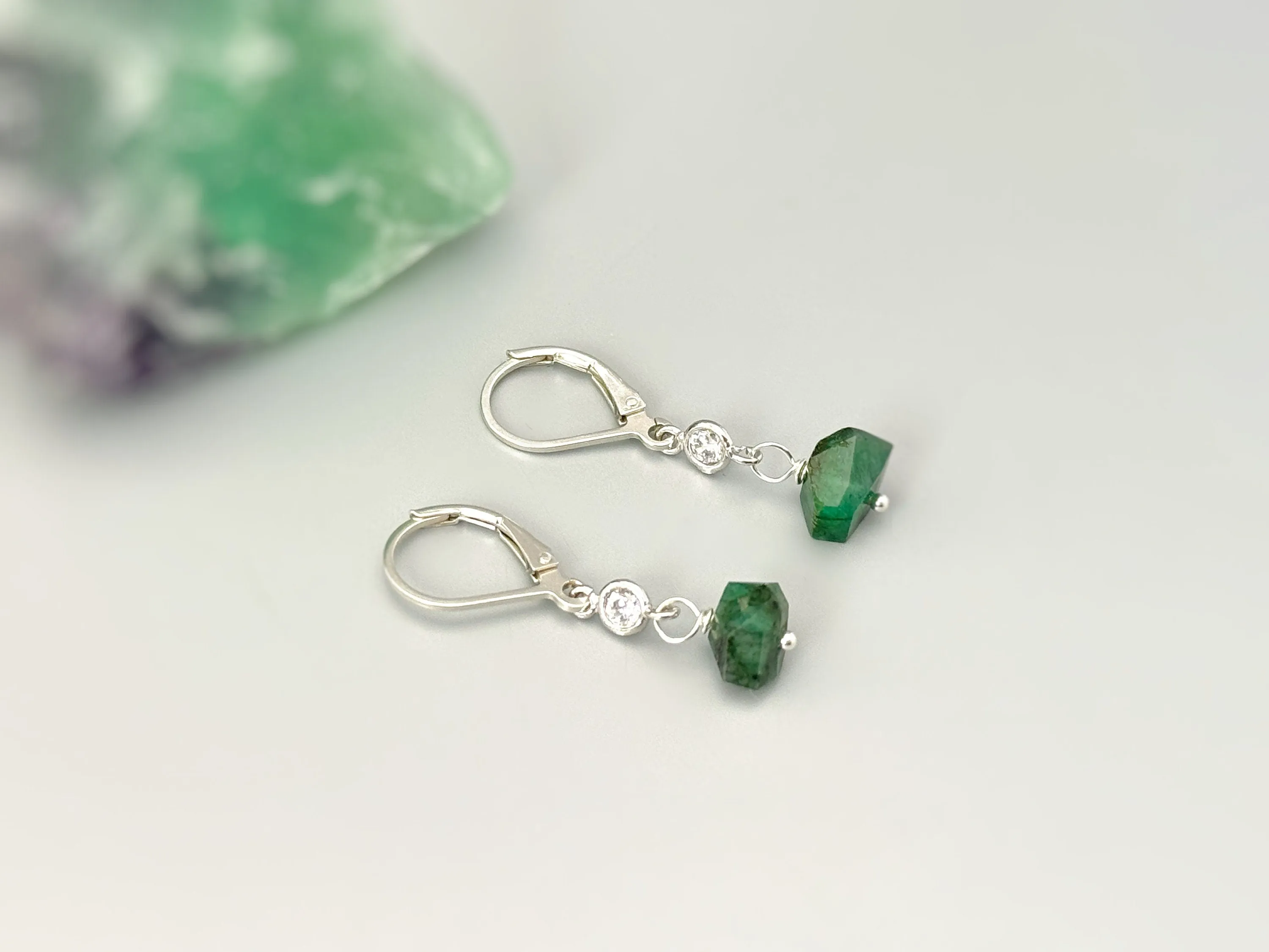 Raw Emerald Earrings Dangle Gold Sterling Silver