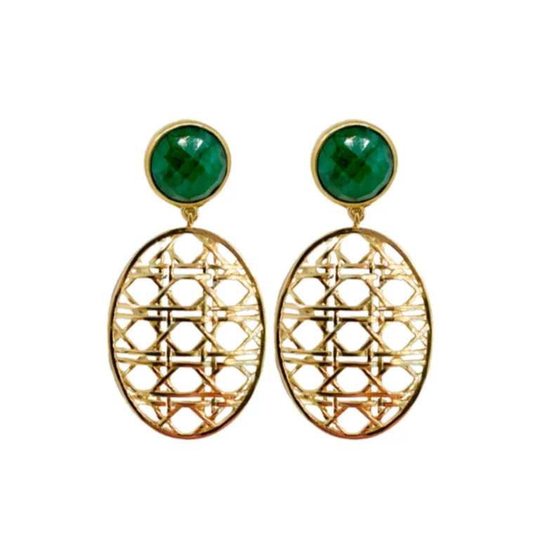 Remy Wicker Gold Oval & Emerald Earrings