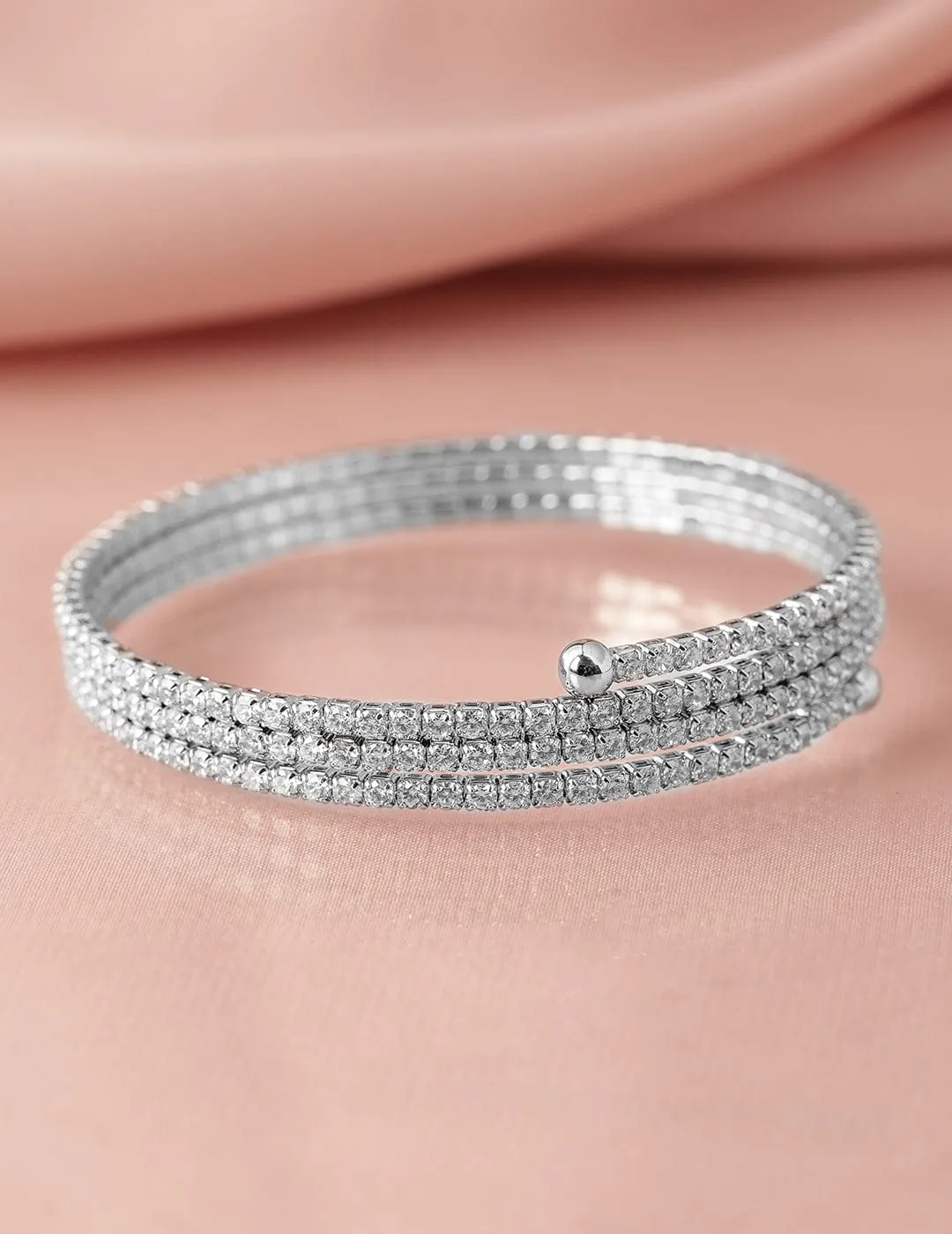 Rhodium-Plated Cubic Zirconia Studded Triple Line Bangle Bracelet