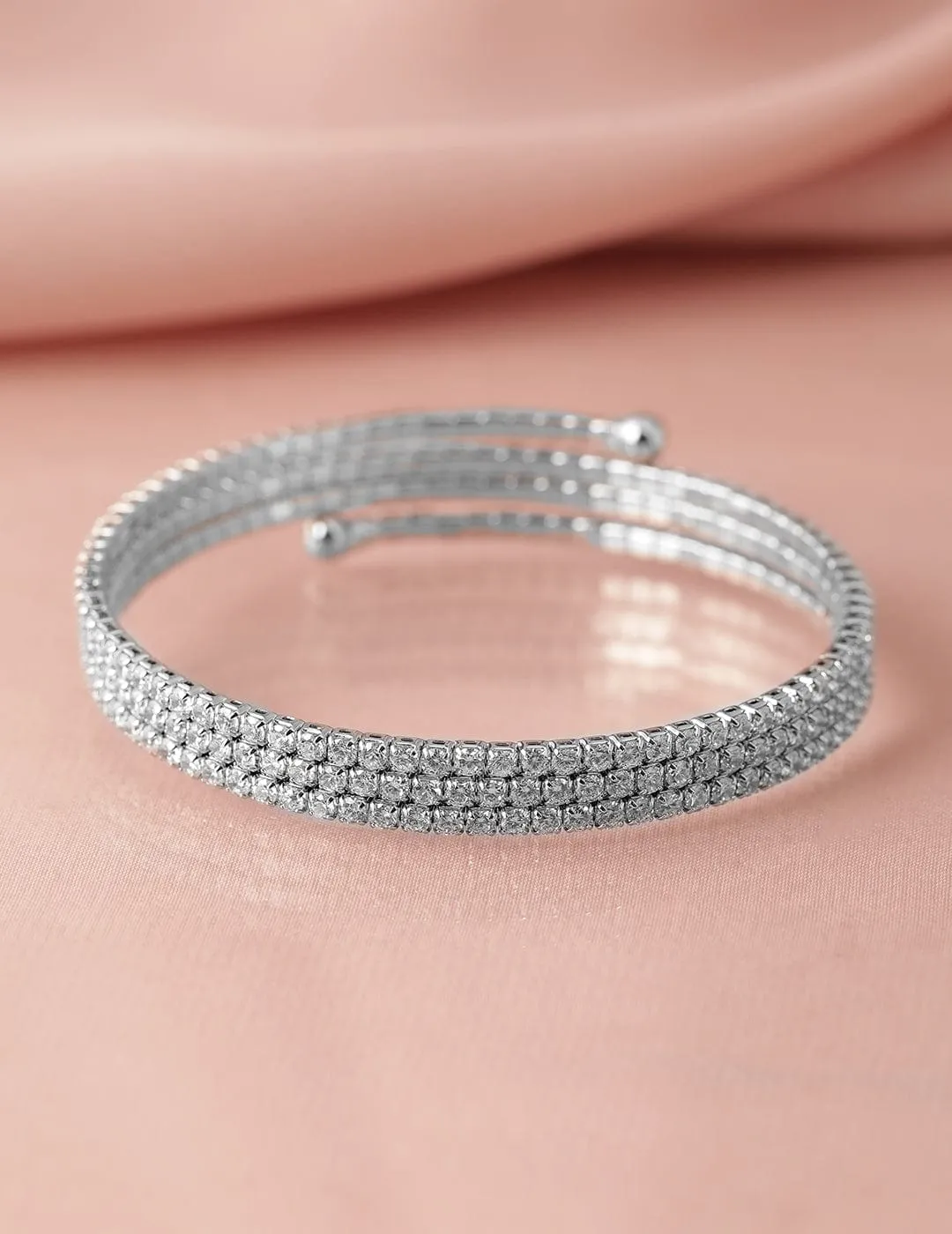 Rhodium-Plated Cubic Zirconia Studded Triple Line Bangle Bracelet