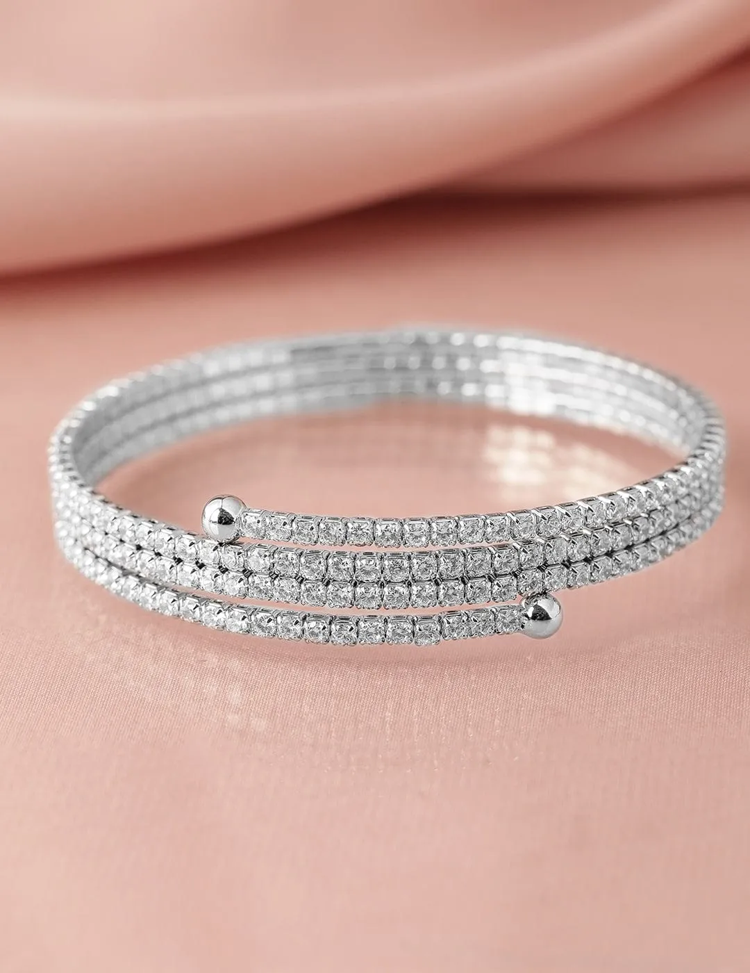 Rhodium-Plated Cubic Zirconia Studded Triple Line Bangle Bracelet