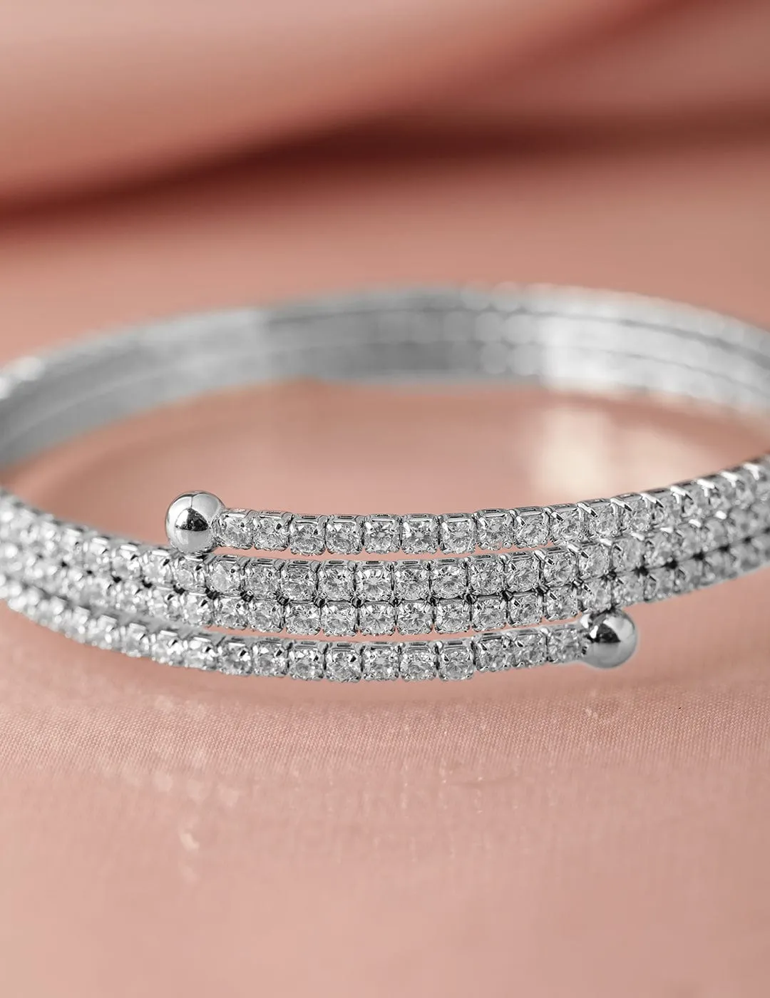 Rhodium-Plated Cubic Zirconia Studded Triple Line Bangle Bracelet