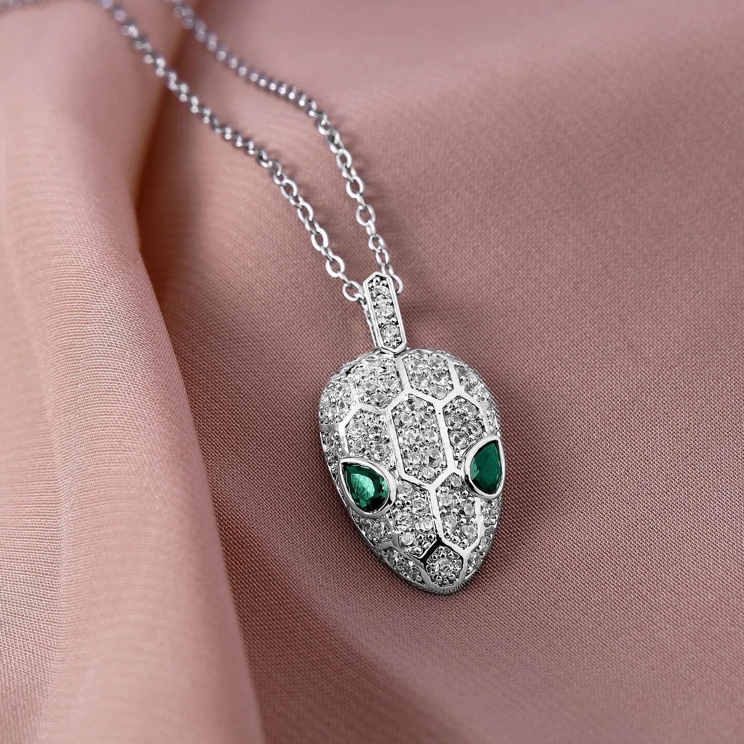 Rhodium Plated Stainless Steel Tarnish-Free Waterproof Emerald & CZ Studded Necklace