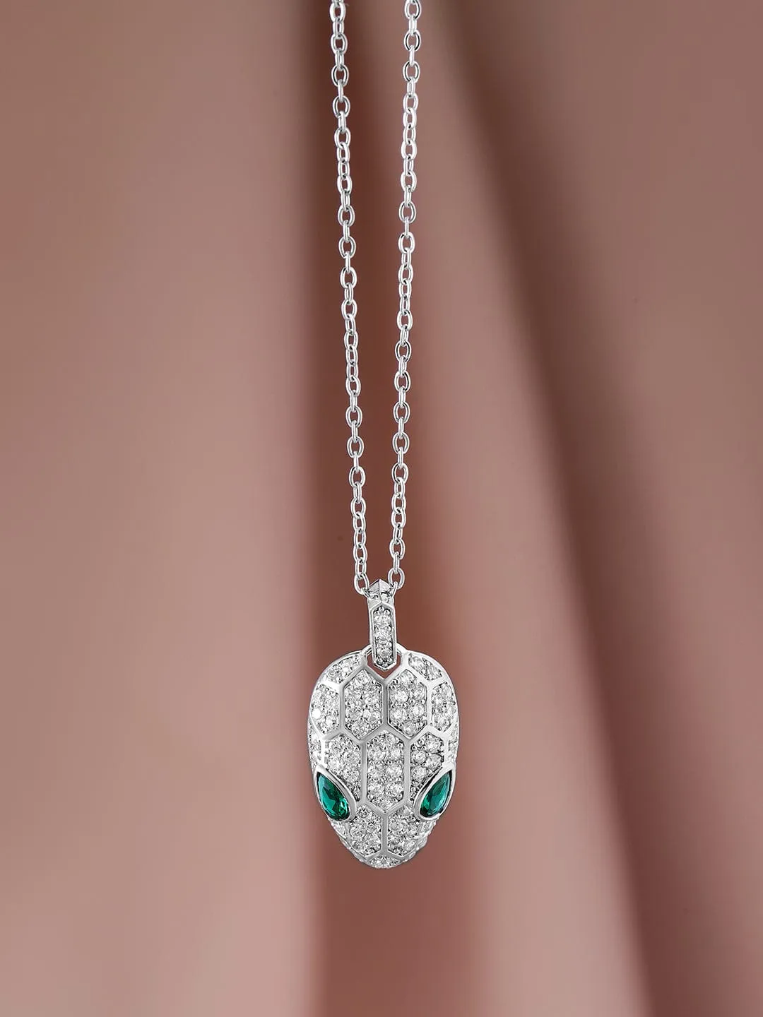 Rhodium Plated Stainless Steel Tarnish-Free Waterproof Emerald & CZ Studded Necklace