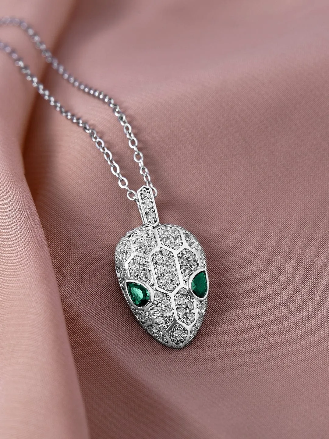 Rhodium Plated Stainless Steel Tarnish-Free Waterproof Emerald & CZ Studded Necklace