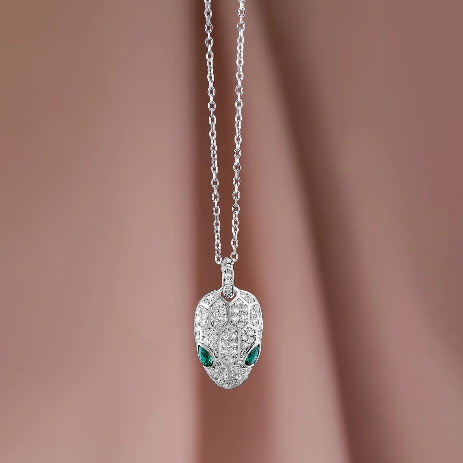 Rhodium Plated Stainless Steel Tarnish-Free Waterproof Emerald & CZ Studded Necklace