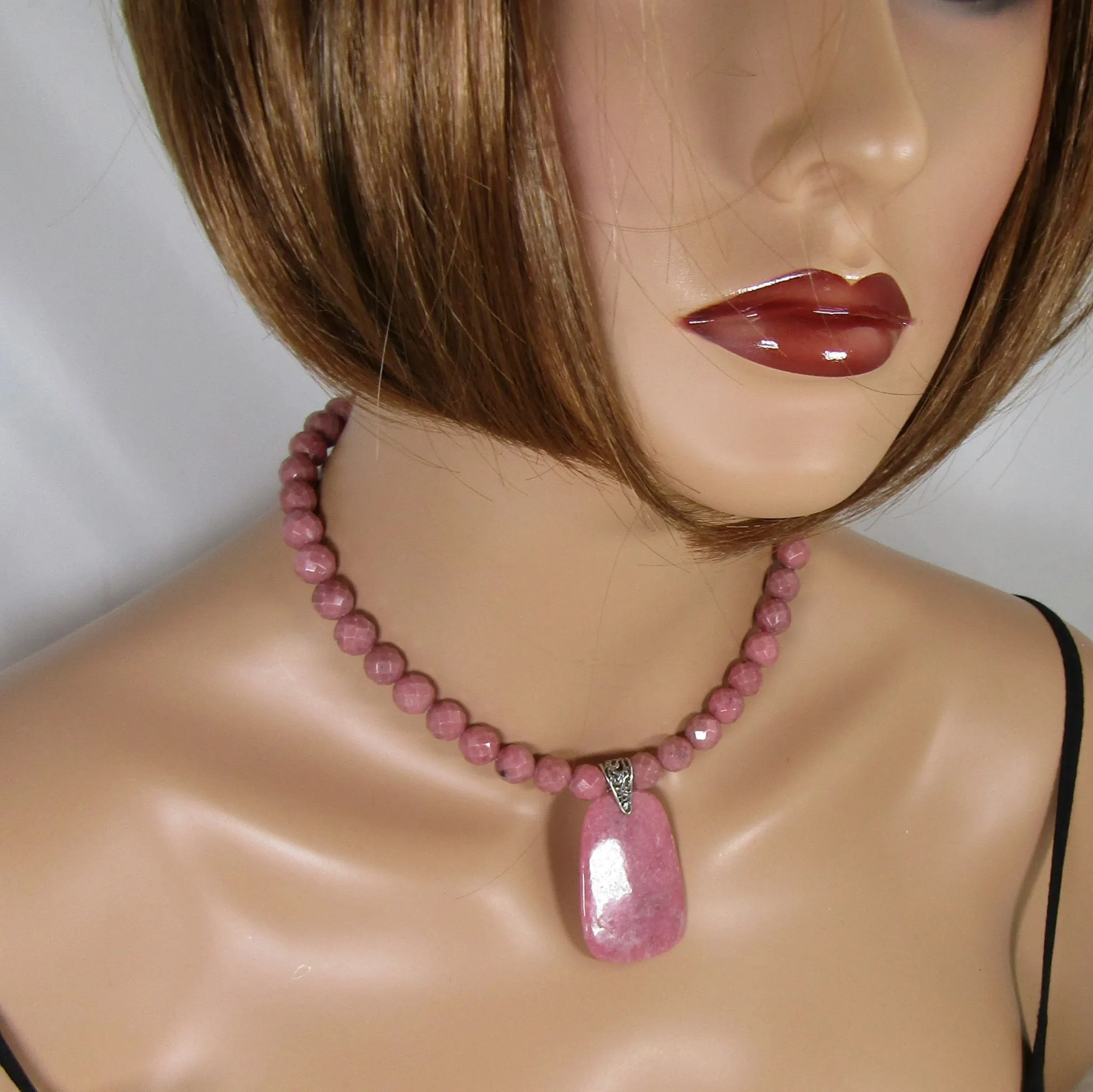 Rhodonite Pink Beaded Necklace & Earrings