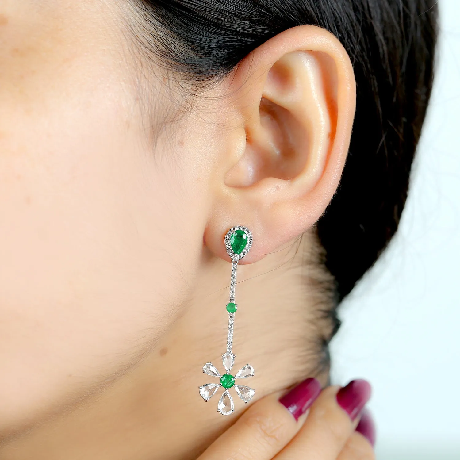 Rose Cut Diamond Pear Emerald Beautiful Floral Danglers In 18k White Gold For Gift