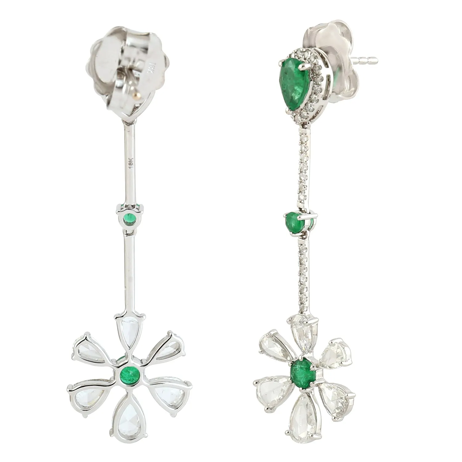 Rose Cut Diamond Pear Emerald Beautiful Floral Danglers In 18k White Gold For Gift