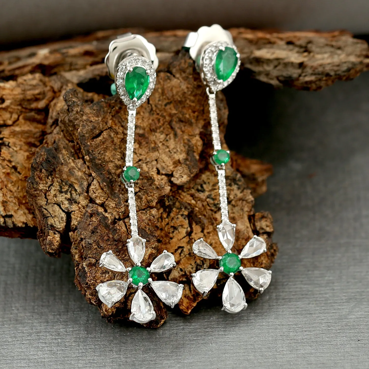 Rose Cut Diamond Pear Emerald Beautiful Floral Danglers In 18k White Gold For Gift