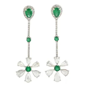 Rose Cut Diamond Pear Emerald Beautiful Floral Danglers In 18k White Gold For Gift