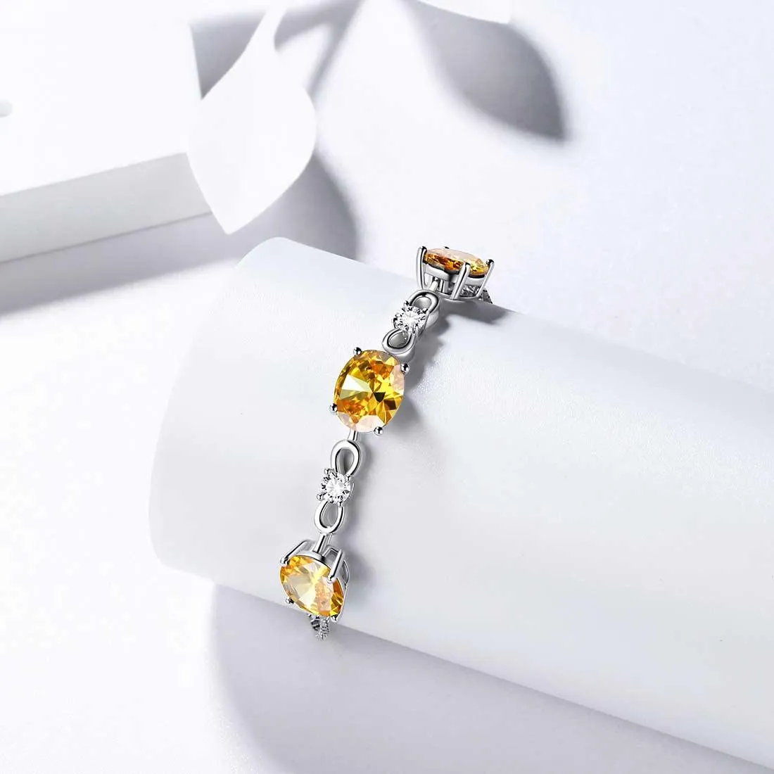 Round Birthstone November Citrine Bracelet Women Girls Jewelry Birthday Gift Sterling Silver