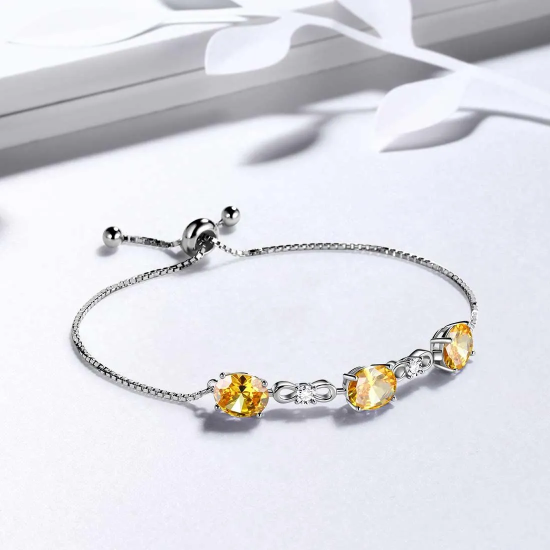 Round Birthstone November Citrine Bracelet Women Girls Jewelry Birthday Gift Sterling Silver