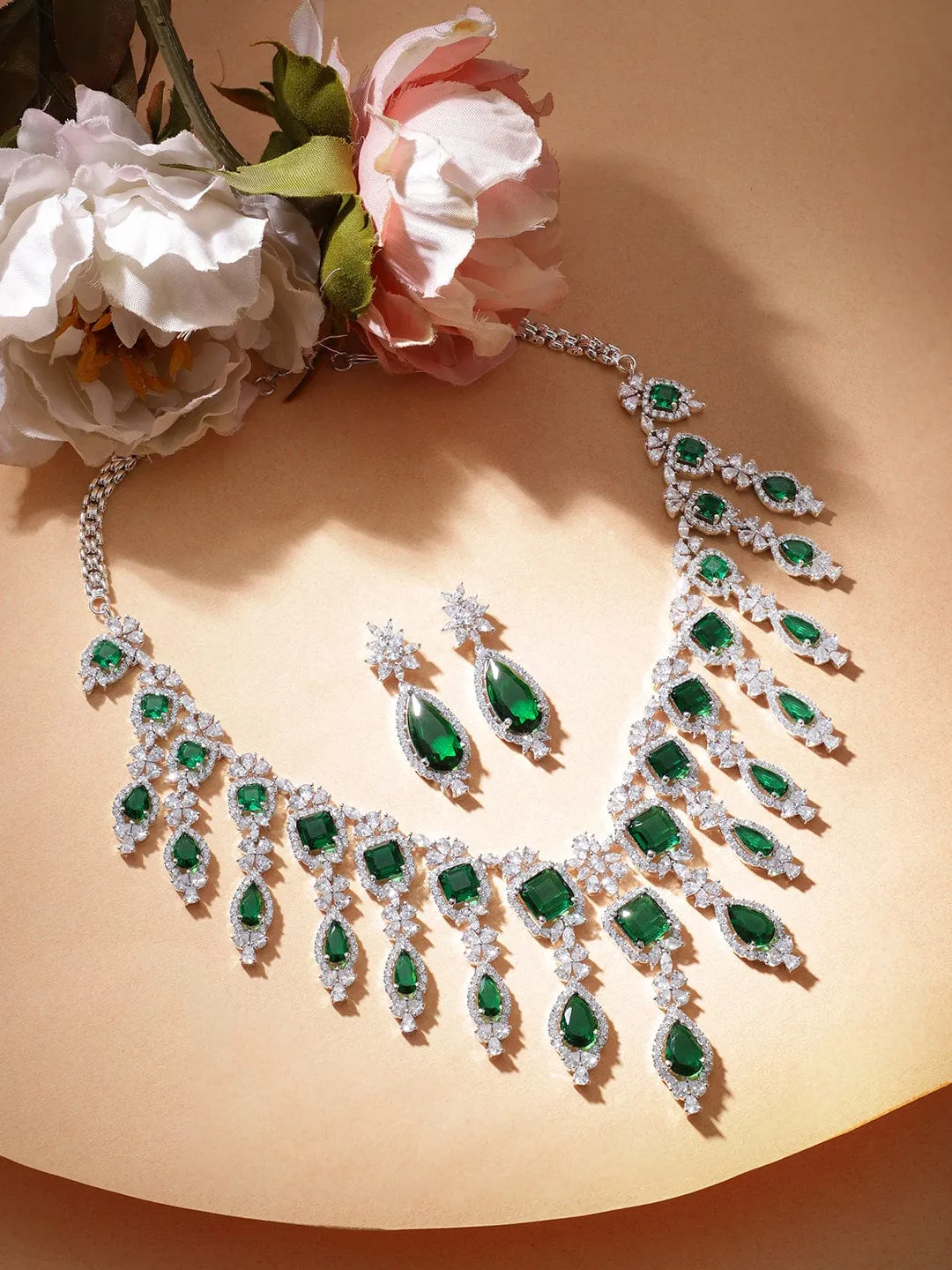 Rubans Rhodium Plated Emerald Green Zirconia Statement Jewellery Set