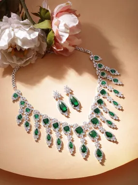 Rubans Rhodium Plated Emerald Green Zirconia Statement Jewellery Set