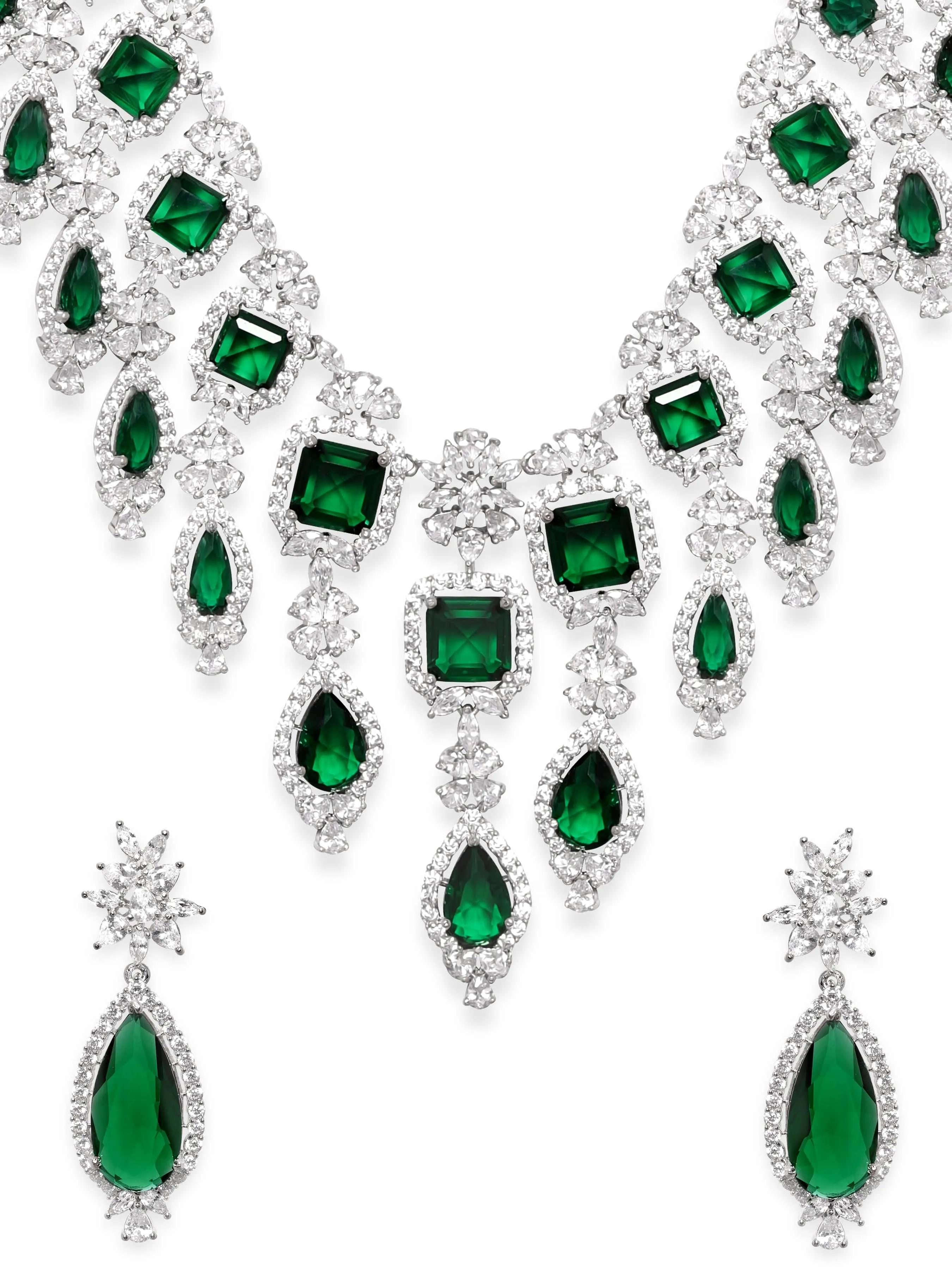 Rubans Rhodium Plated Emerald Green Zirconia Statement Jewellery Set