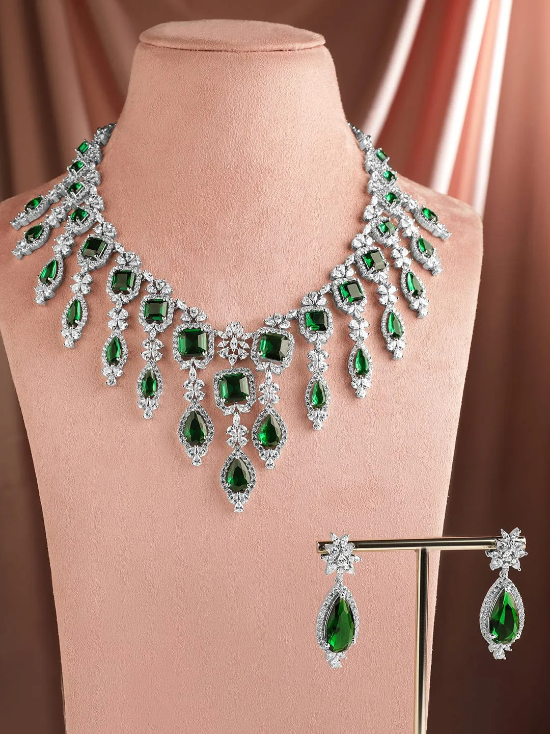 Rubans Rhodium Plated Emerald Green Zirconia Statement Jewellery Set