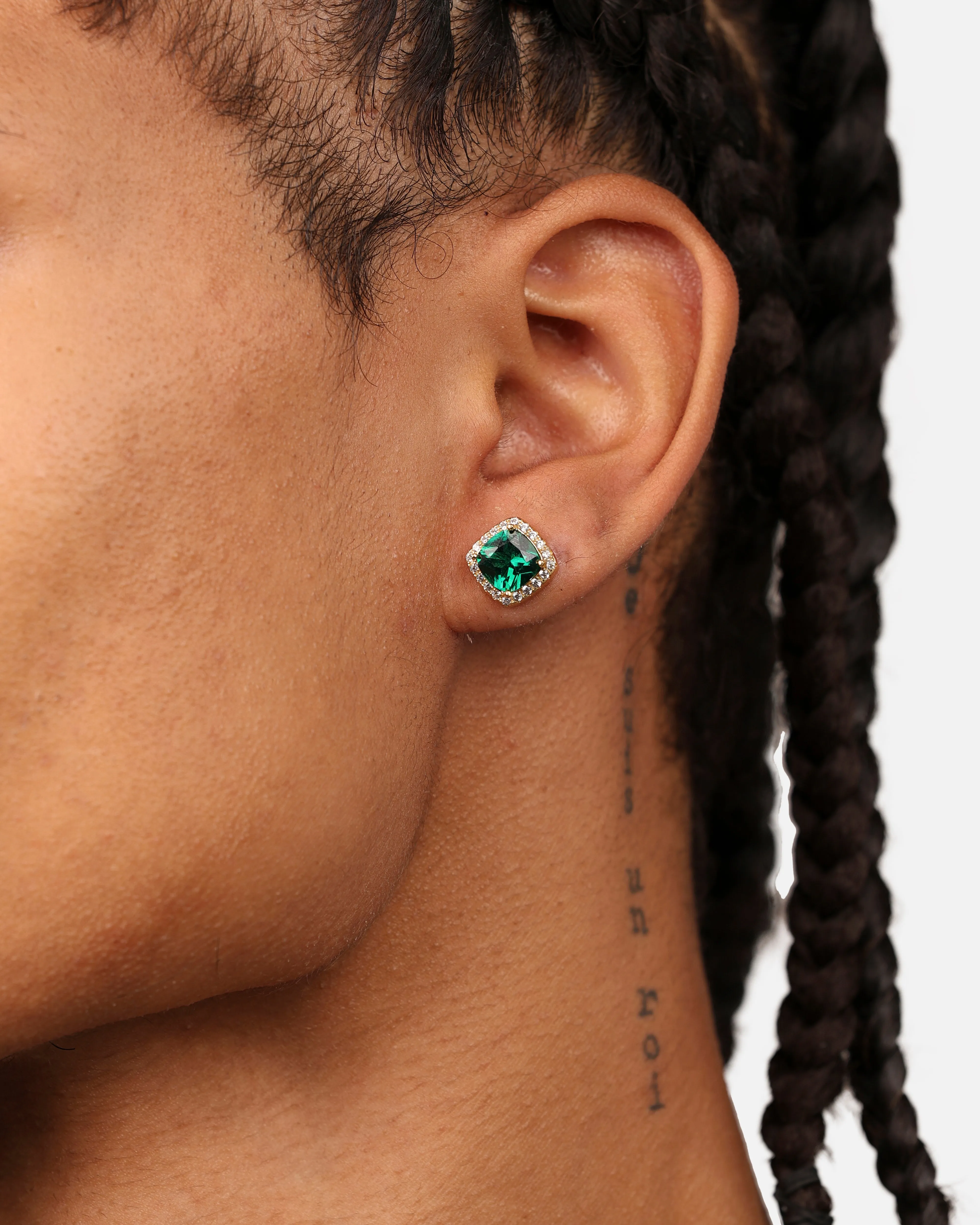 Saint Morta Cushion Cut Halo Earrings Iced Gold/Emerald