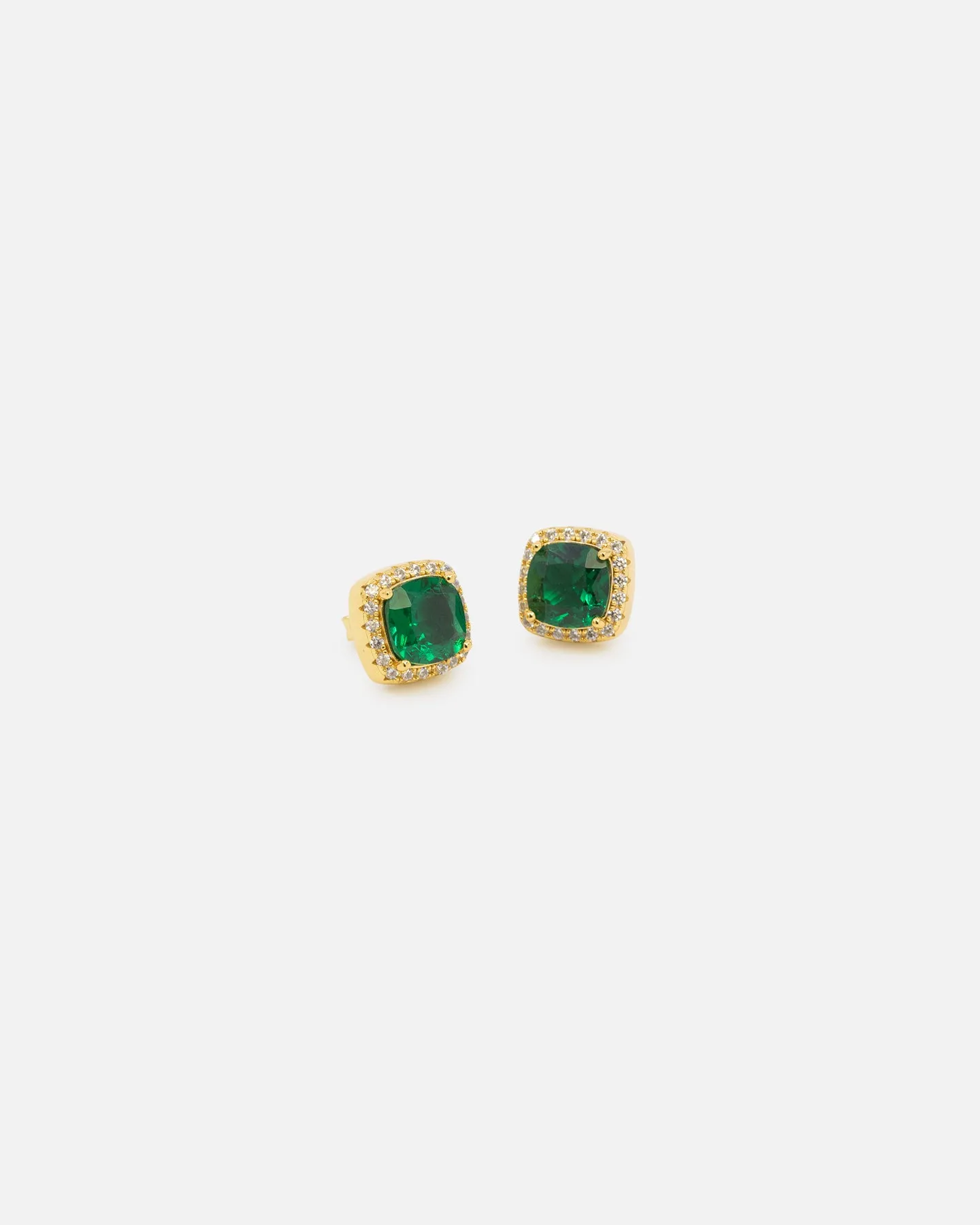 Saint Morta Cushion Cut Halo Earrings Iced Gold/Emerald