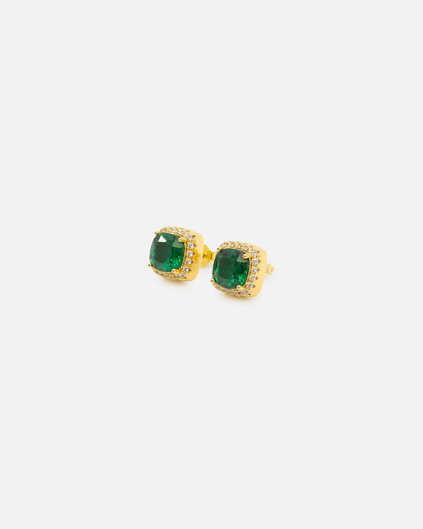 Saint Morta Cushion Cut Halo Earrings Iced Gold/Emerald