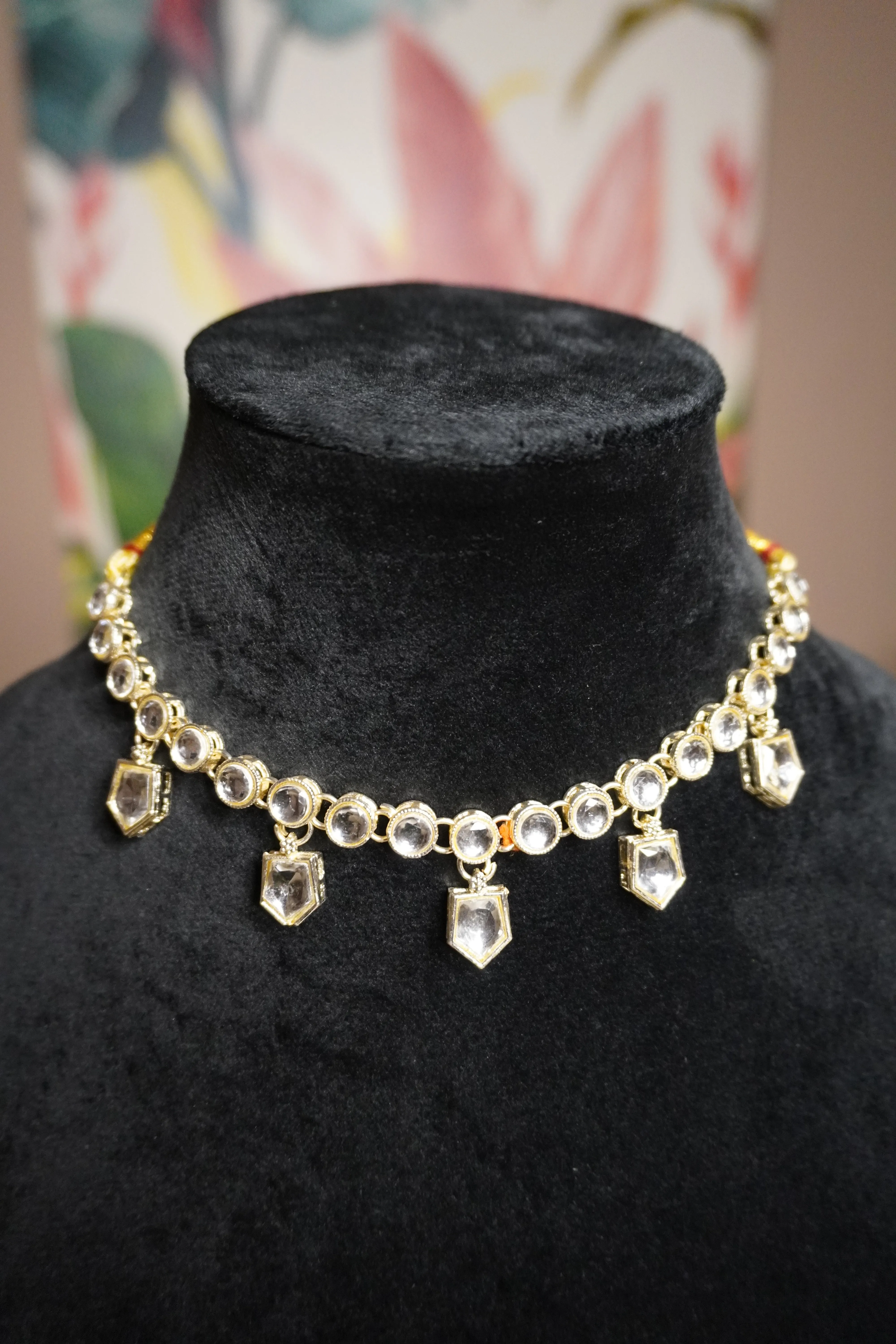 Silver Colour Kundan Necklace with Earring