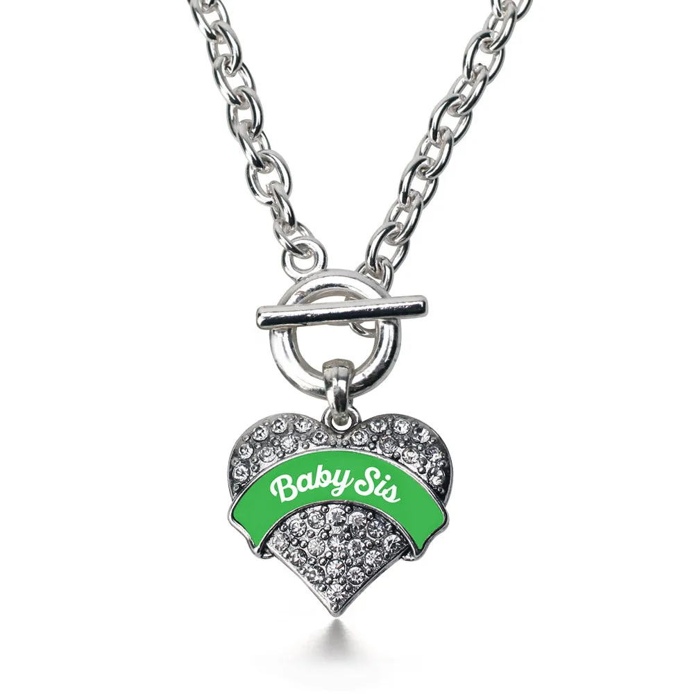 Silver Emerald Green Baby Sister Pave Heart Charm Toggle Necklace