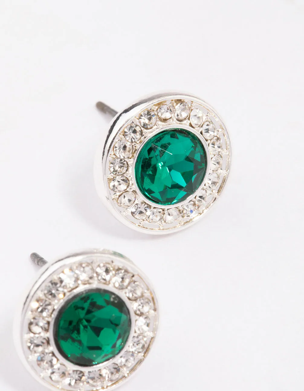 Silver Halo Emerald Diamante Stud Earrings