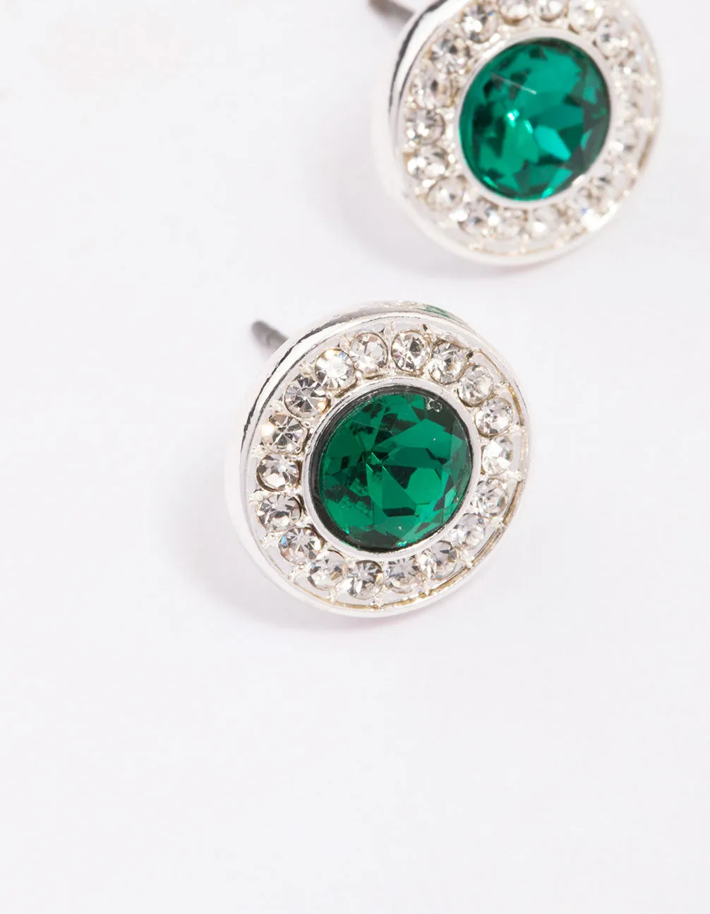 Silver Halo Emerald Diamante Stud Earrings