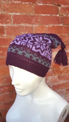 Ski hat, square shaped tassle hat, Plum coloured hat, unisex winter hat,