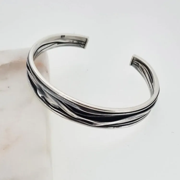 Slim Sterling Silver Multi-Layer Contrasting Cuff Bangle for Women