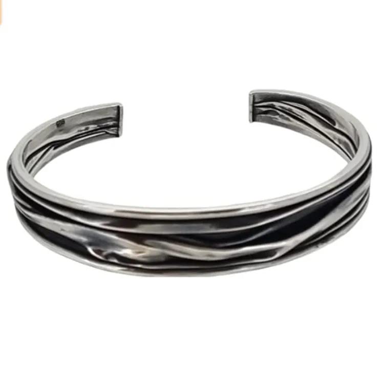 Slim Sterling Silver Multi-Layer Contrasting Cuff Bangle for Women