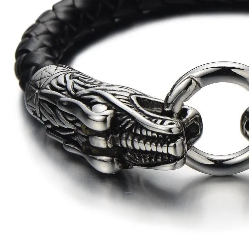 Stainless Steel Mens Dragon Bangle Bracelet Genuine Braided Leather Wristband Silver Black Two-Tone