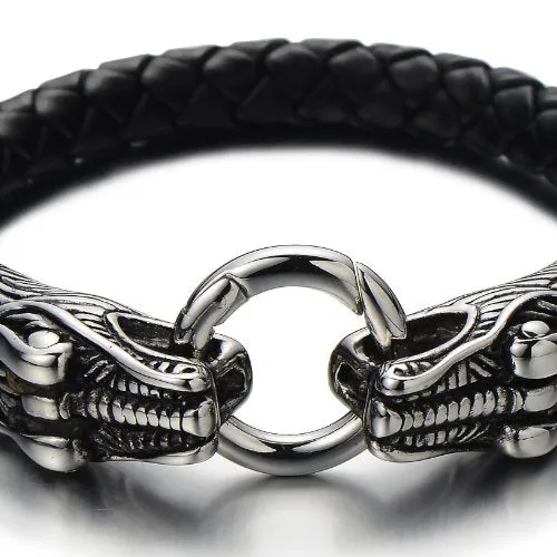 Stainless Steel Mens Dragon Bangle Bracelet Genuine Braided Leather Wristband Silver Black Two-Tone